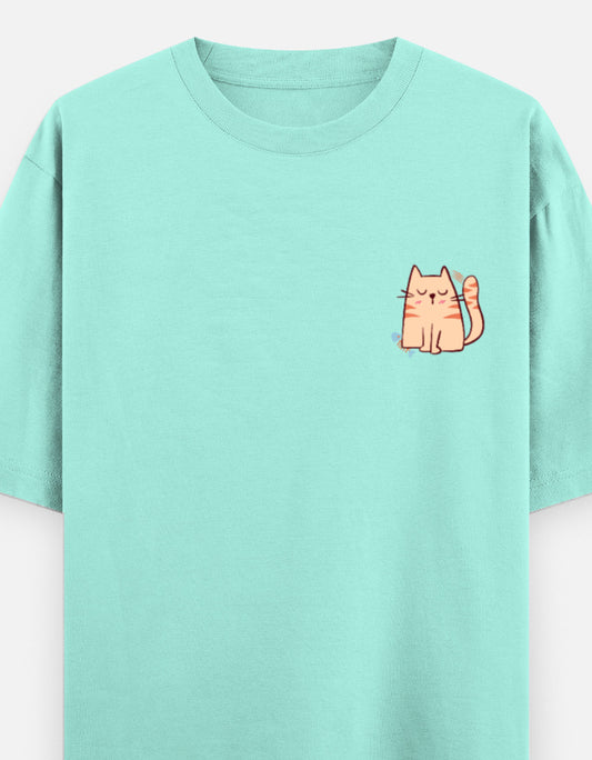 Purr-Sistent oversized t-shirt front pocket print — Mint drop-shoulder unisex tee | StyleUp.Today