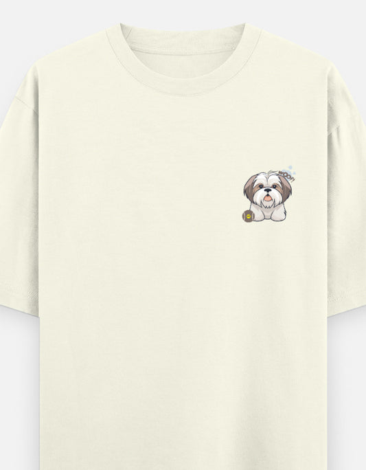 Sassy Shih Tzu oversized t-shirt front pocket print — Off White drop-shoulder unisex tee | StyleUp.Today