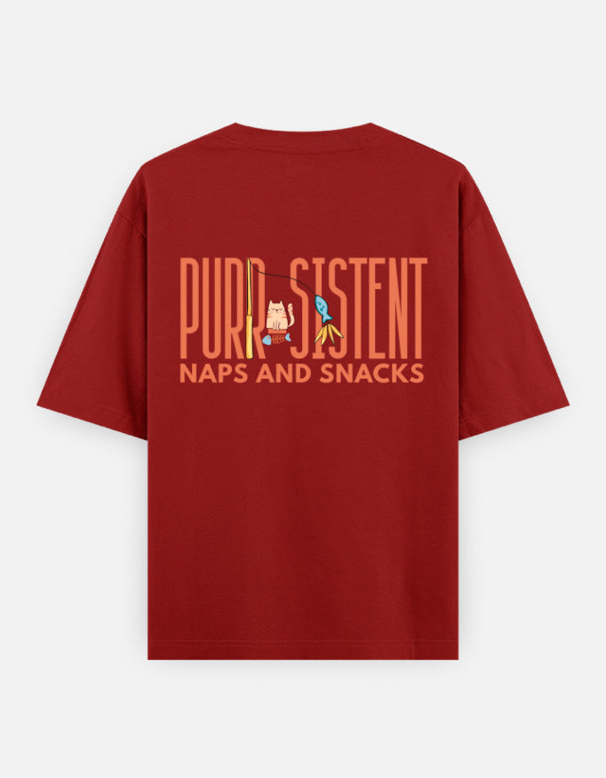 Purr-Sistent oversized t-shirt back design — Purr-Sistent — Naps and Snacks — Red unisex cotton tee | StyleUp.Today