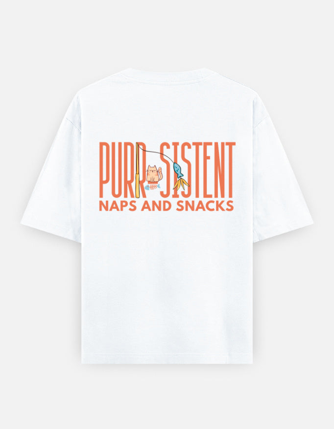 Purr-Sistent oversized t-shirt back design — Purr-Sistent — Naps and Snacks — White unisex cotton tee | StyleUp.Today