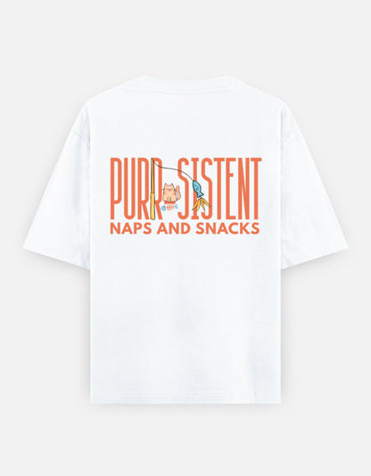Purr-Sistent oversized t-shirt back design — Purr-Sistent — Naps and Snacks — White unisex cotton tee | StyleUp.Today