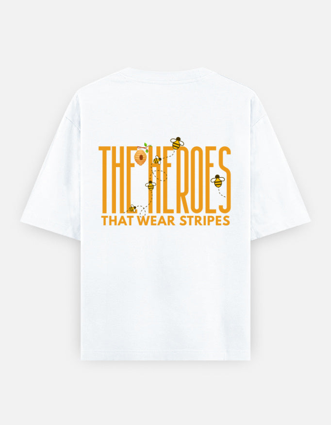 'Bee' A Hero oversized t-shirt back design — The Heroes That Wear Stripes — White unisex cotton tee | StyleUp.Today