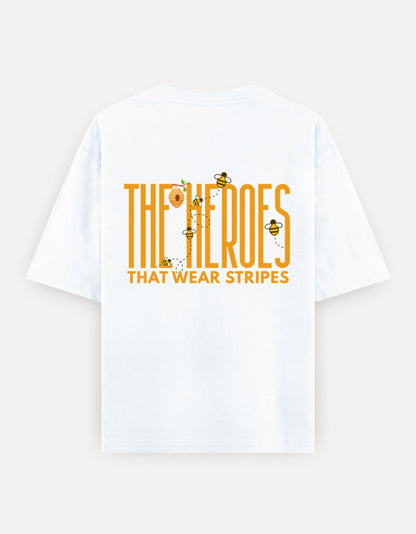 'Bee' A Hero oversized t-shirt back design — The Heroes That Wear Stripes — White unisex cotton tee | StyleUp.Today
