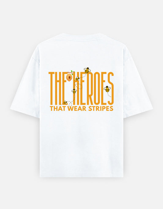 'Bee' A Hero oversized t-shirt back design — The Heroes That Wear Stripes — White unisex cotton tee | StyleUp.Today