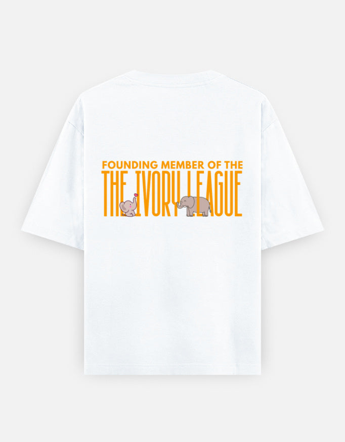 Ivory League oversized t-shirt back design — Founding Member of The Ivory League — White unisex cotton tee | StyleUp.Today