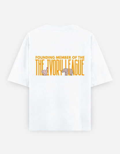 Ivory League oversized t-shirt back design — Founding Member of The Ivory League — White unisex cotton tee | StyleUp.Today