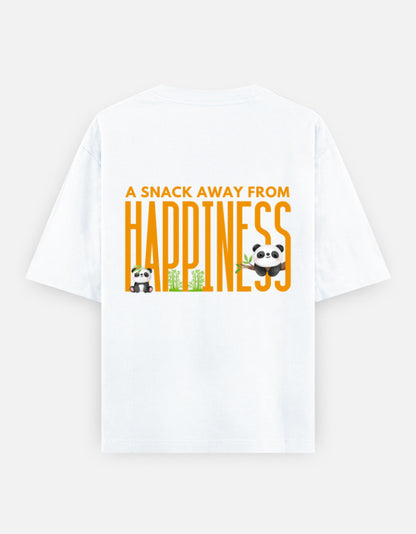 Snack Away oversized t-shirt back design — A Snack Away From Happiness — White unisex cotton tee | StyleUp.Today