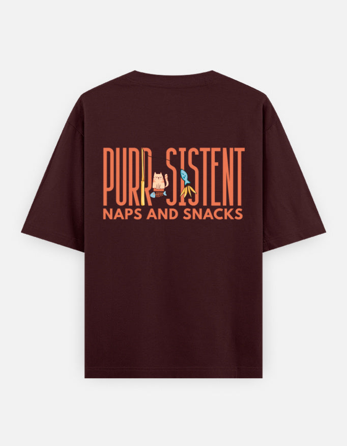 Purr-Sistent oversized t-shirt back design — Purr-Sistent — Naps and Snacks — Maroon unisex cotton tee | StyleUp.Today