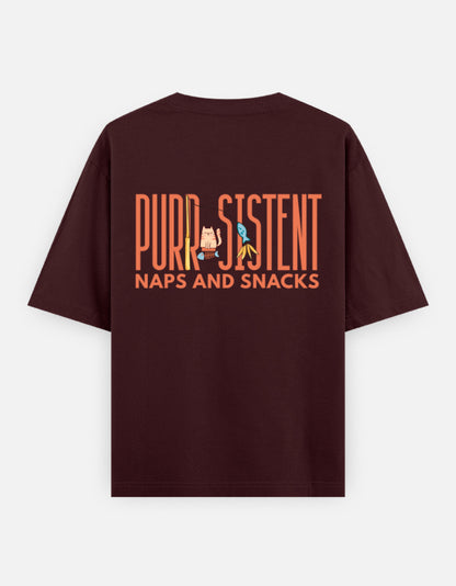 Purr-Sistent oversized t-shirt back design — Purr-Sistent — Naps and Snacks — Maroon unisex cotton tee | StyleUp.Today