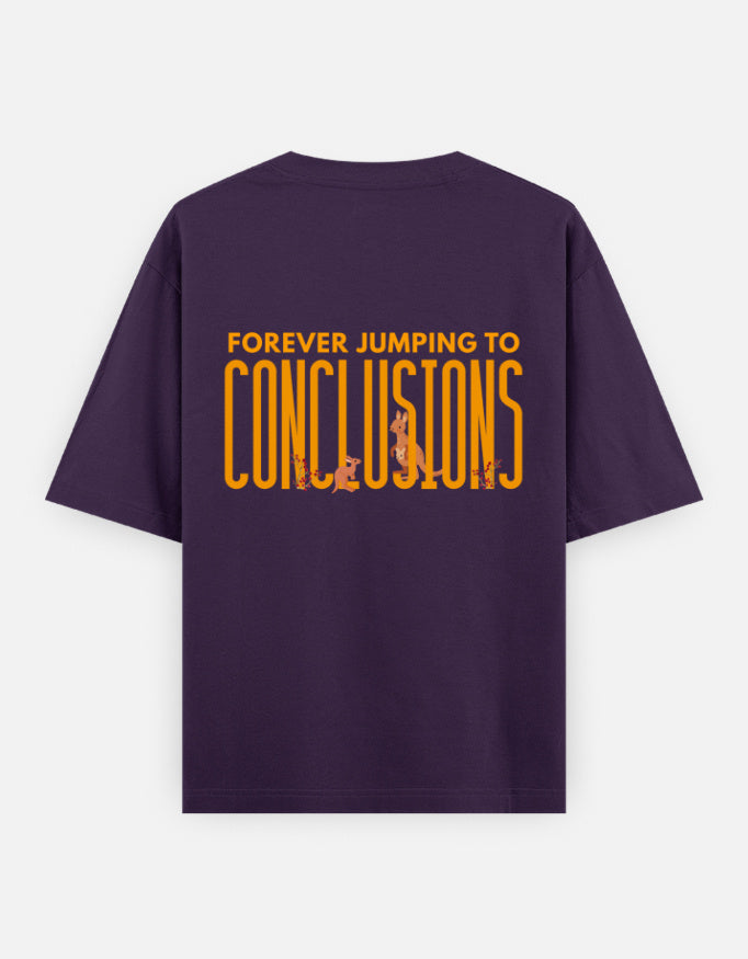 Jumping To Conclusions oversized t-shirt back design — Forever Jumping To Conclusions — Purple unisex cotton tee | StyleUp.Today