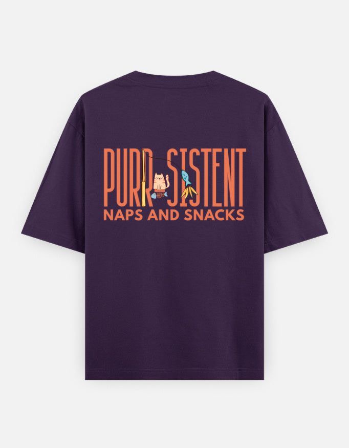 Purr-Sistent oversized t-shirt back design — Purr-Sistent — Naps and Snacks — Purple unisex cotton tee | StyleUp.Today