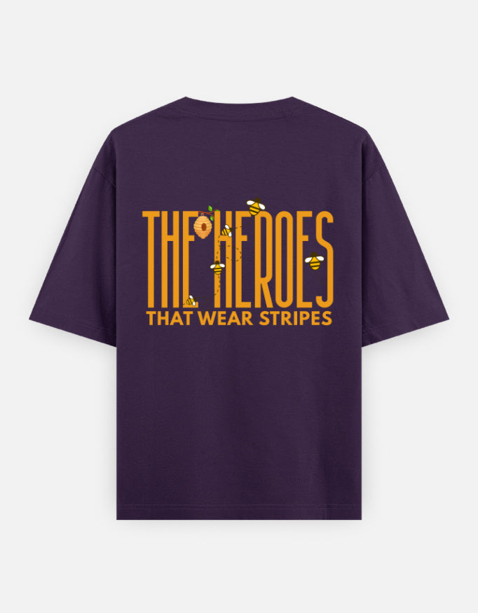 'Bee' A Hero oversized t-shirt back design — The Heroes That Wear Stripes — Purple unisex cotton tee | StyleUp.Today