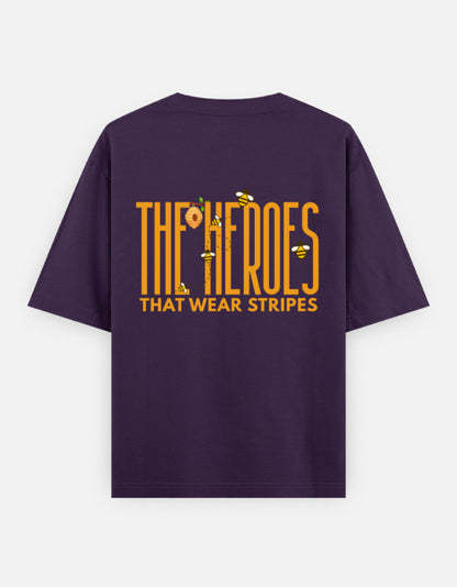 'Bee' A Hero oversized t-shirt back design — The Heroes That Wear Stripes — Purple unisex cotton tee | StyleUp.Today
