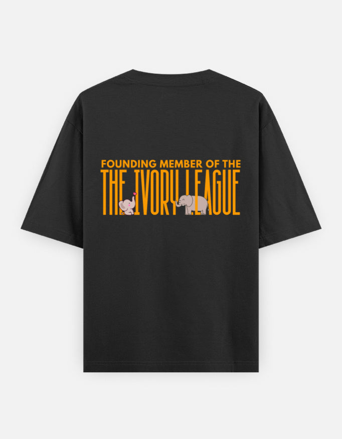 Ivory League oversized t-shirt back design — Founding Member of The Ivory League — Black unisex cotton tee | StyleUp.Today