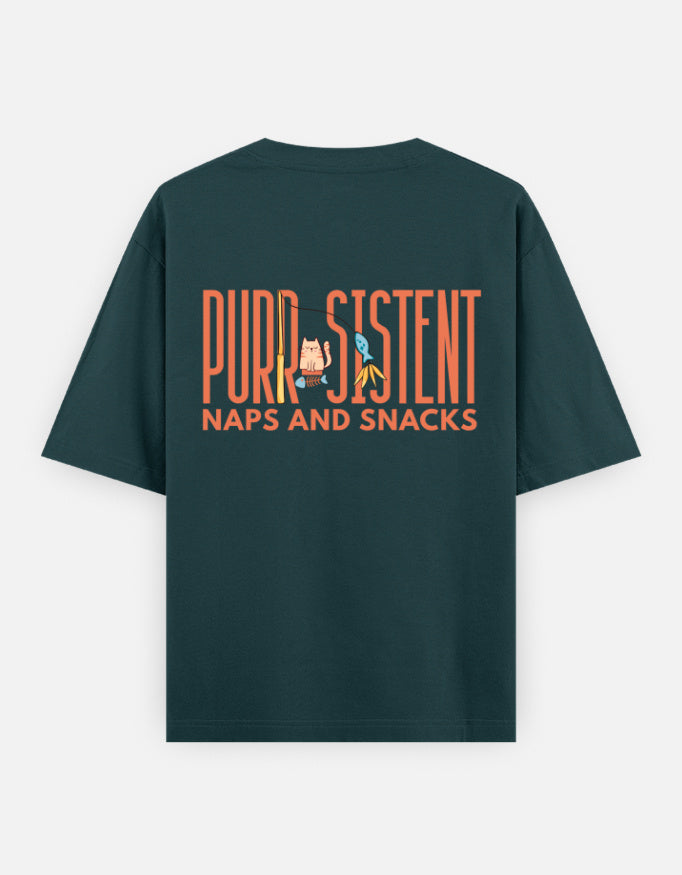 Purr-Sistent oversized t-shirt back design — Purr-Sistent — Naps and Snacks — Petrol Blue unisex cotton tee | StyleUp.Today