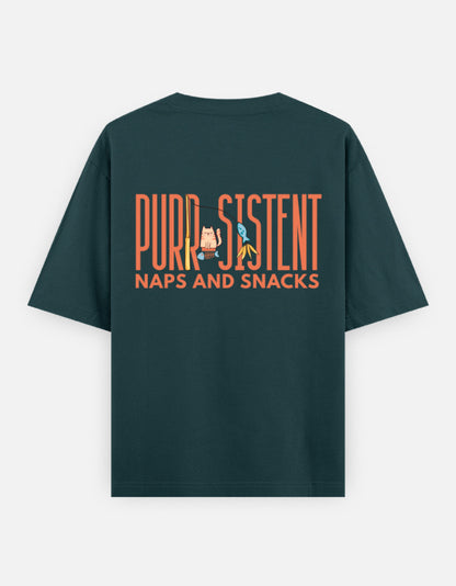 Purr-Sistent oversized t-shirt back design — Purr-Sistent — Naps and Snacks — Petrol Blue unisex cotton tee | StyleUp.Today
