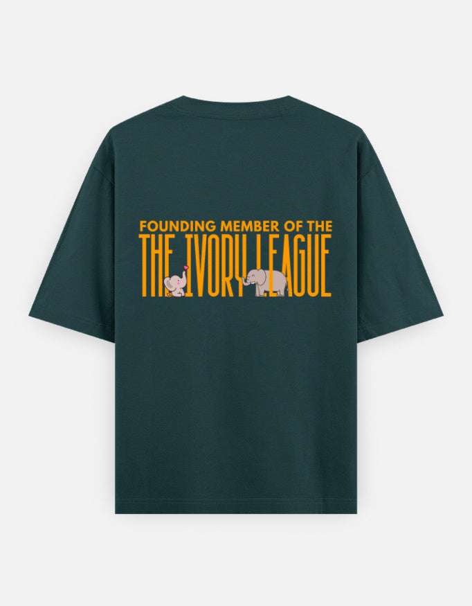 Ivory League oversized t-shirt back design — Founding Member of The Ivory League — Petrol Blue unisex cotton tee | StyleUp.Today