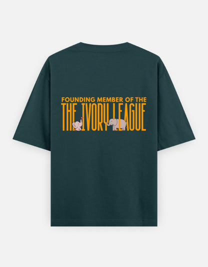 Ivory League oversized t-shirt back design — Founding Member of The Ivory League — Petrol Blue unisex cotton tee | StyleUp.Today