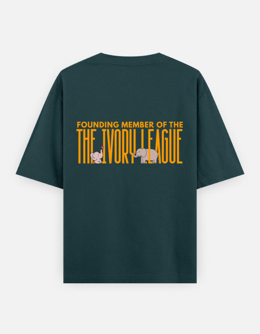 Ivory League oversized t-shirt back design — Founding Member of The Ivory League — Petrol Blue unisex cotton tee | StyleUp.Today