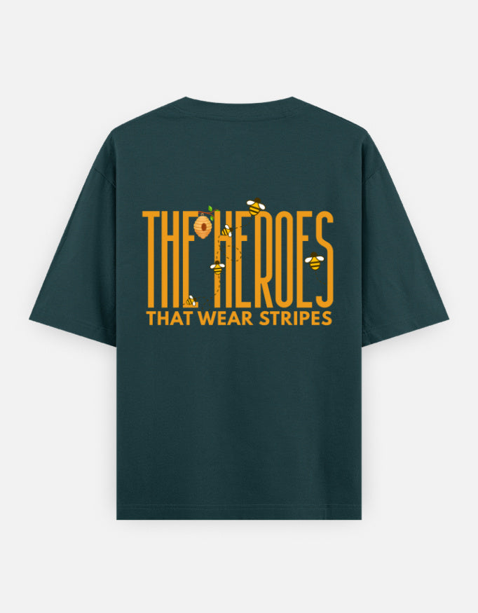 'Bee' A Hero oversized t-shirt back design — The Heroes That Wear Stripes — Petrol Blue unisex cotton tee | StyleUp.Today