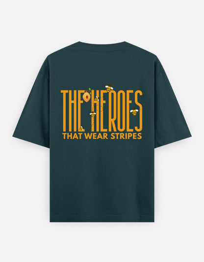 'Bee' A Hero oversized t-shirt back design — The Heroes That Wear Stripes — Petrol Blue unisex cotton tee | StyleUp.Today