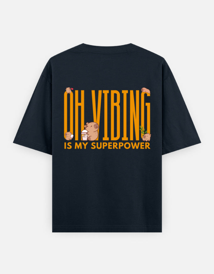 Capy-Zen-Bara oversized t-shirt back design — Oh Vibing Is My Superpower — Navy Blue unisex cotton tee | StyleUp.Today
