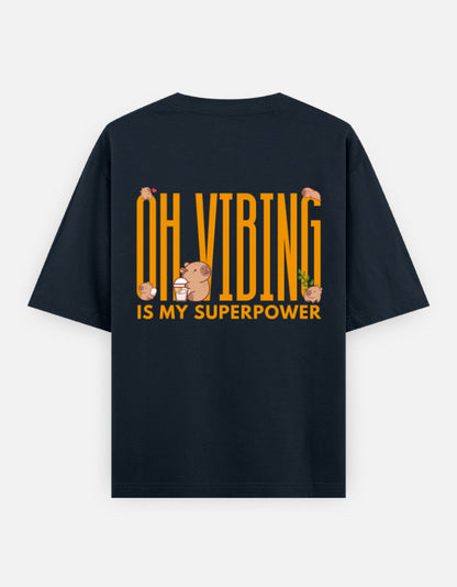 Capy-Zen-Bara oversized t-shirt back design — Oh Vibing Is My Superpower — Navy Blue unisex cotton tee | StyleUp.Today