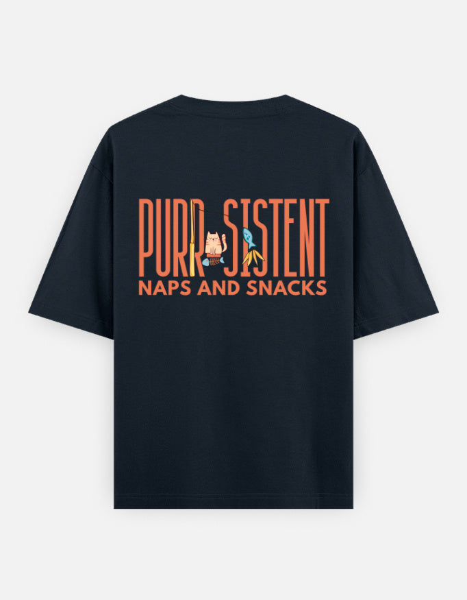 Purr-Sistent oversized t-shirt back design — Purr-Sistent — Naps and Snacks — Navy Blue unisex cotton tee | StyleUp.Today