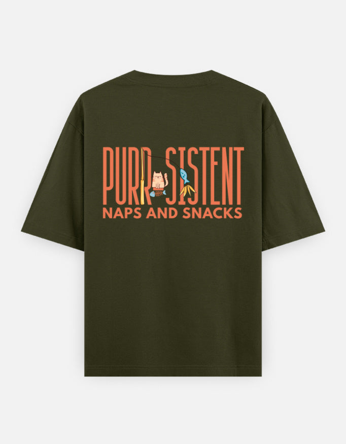 Purr-Sistent oversized t-shirt back design — Purr-Sistent — Naps and Snacks — Olive Green unisex cotton tee | StyleUp.Today