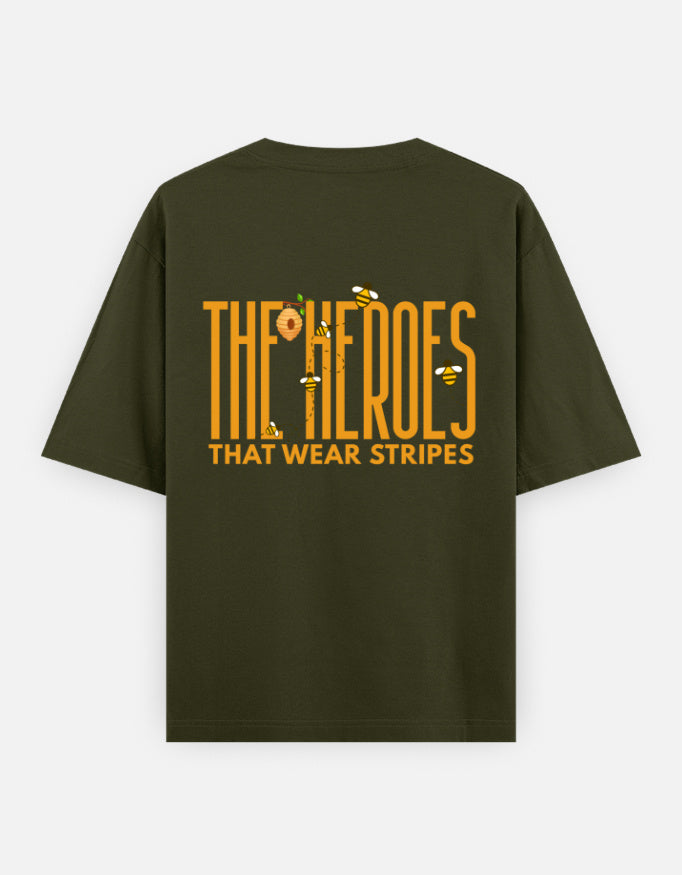 'Bee' A Hero oversized t-shirt back design — The Heroes That Wear Stripes — Olive Green unisex cotton tee | StyleUp.Today