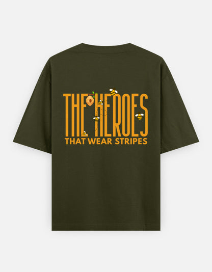 'Bee' A Hero oversized t-shirt back design — The Heroes That Wear Stripes — Olive Green unisex cotton tee | StyleUp.Today