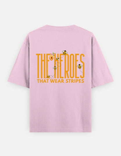 'Bee' A Hero oversized t-shirt back design — The Heroes That Wear Stripes — Light Baby Pink unisex cotton tee | StyleUp.Today