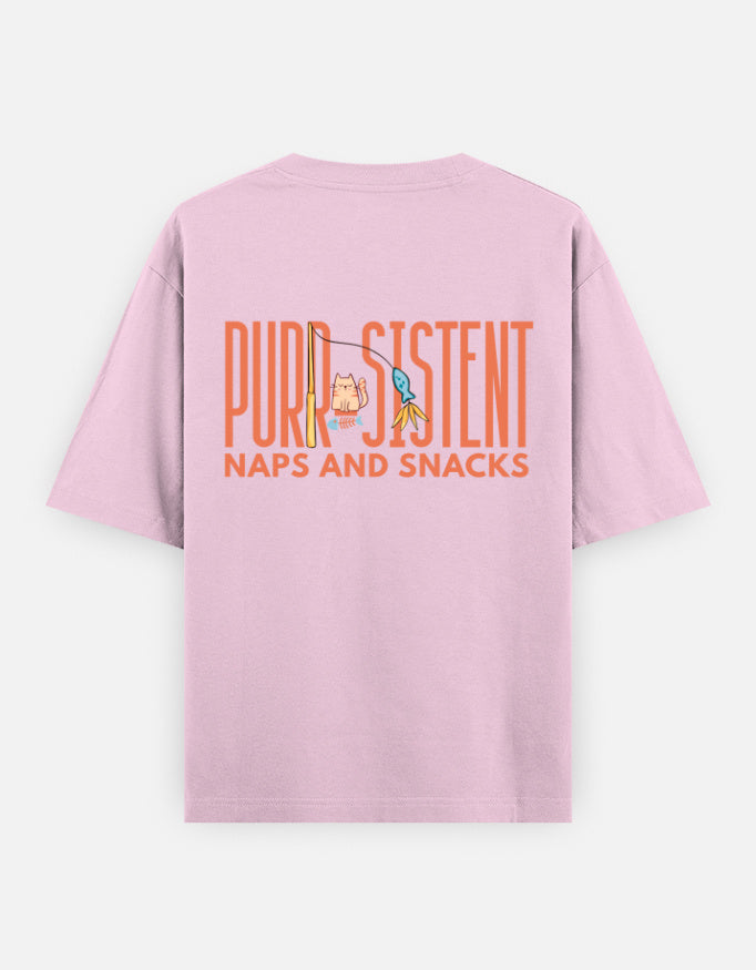 Purr-Sistent oversized t-shirt back design — Purr-Sistent — Naps and Snacks — Light Baby Pink unisex cotton tee | StyleUp.Today