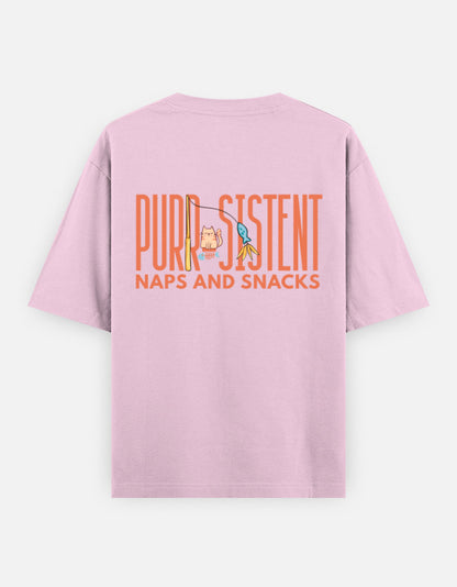 Purr-Sistent oversized t-shirt back design — Purr-Sistent — Naps and Snacks — Light Baby Pink unisex cotton tee | StyleUp.Today