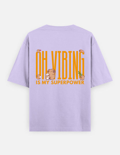 Capy-Zen-Bara oversized t-shirt back design — Oh Vibing Is My Superpower — Lavender unisex cotton tee | StyleUp.Today