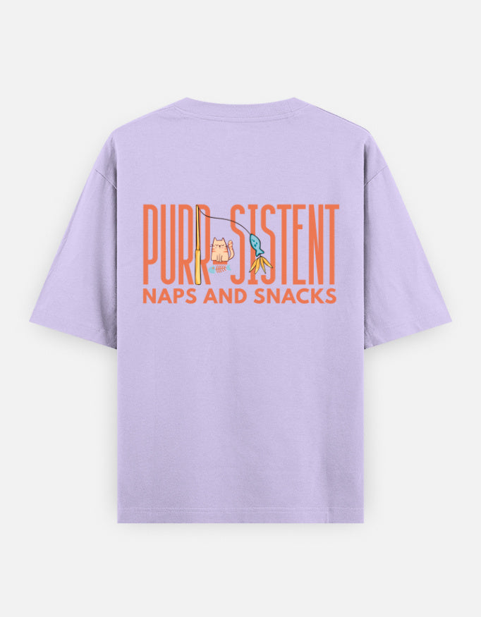 Purr-Sistent oversized t-shirt back design — Purr-Sistent — Naps and Snacks — Lavender unisex cotton tee | StyleUp.Today