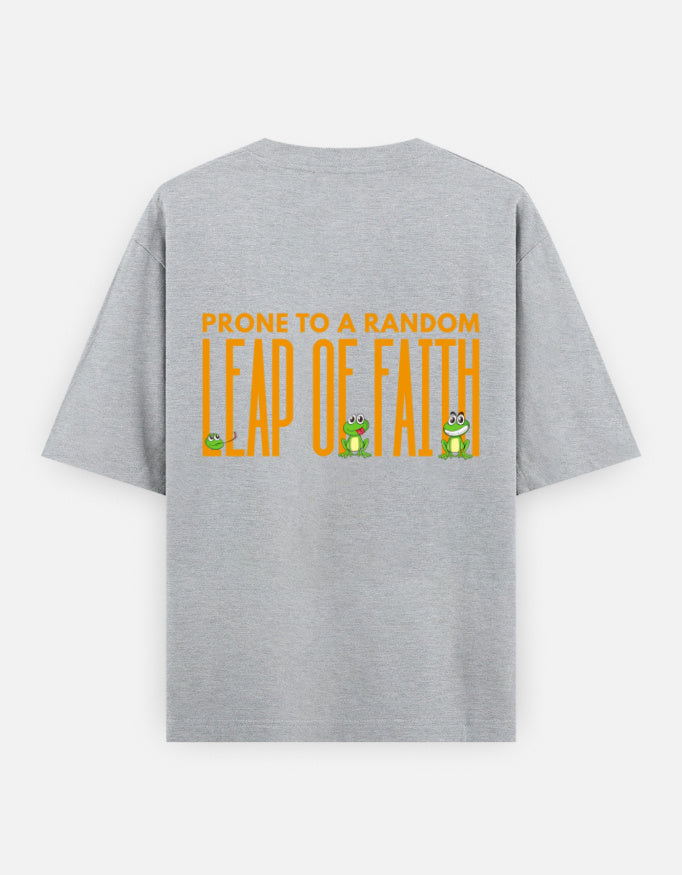 Leap Of Faith oversized t-shirt back design — Prone To A Random Leap of Faith — Grey Melange unisex cotton tee | StyleUp.Today