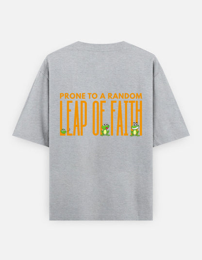 Leap Of Faith oversized t-shirt back design — Prone To A Random Leap of Faith — Grey Melange unisex cotton tee | StyleUp.Today