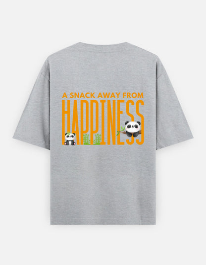 Snack Away oversized t-shirt back design — A Snack Away From Happiness — Grey Melange unisex cotton tee | StyleUp.Today