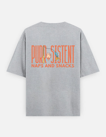 Purr-Sistent oversized t-shirt back design — Purr-Sistent — Naps and Snacks — Grey Melange unisex cotton tee | StyleUp.Today