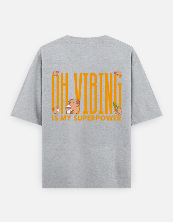 Capy-Zen-Bara oversized t-shirt back design — Oh Vibing Is My Superpower — Grey Melange unisex cotton tee | StyleUp.Today