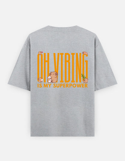 Capy-Zen-Bara oversized t-shirt back design — Oh Vibing Is My Superpower — Grey Melange unisex cotton tee | StyleUp.Today