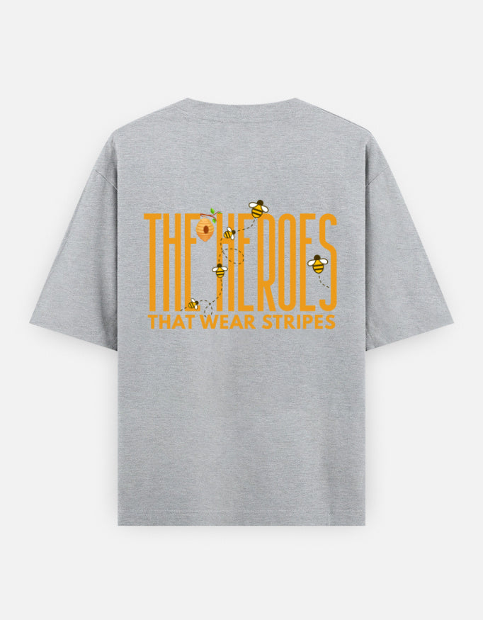 'Bee' A Hero oversized t-shirt back design — The Heroes That Wear Stripes — Grey Melange unisex cotton tee | StyleUp.Today