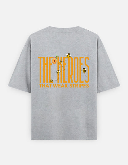 'Bee' A Hero oversized t-shirt back design — The Heroes That Wear Stripes — Grey Melange unisex cotton tee | StyleUp.Today