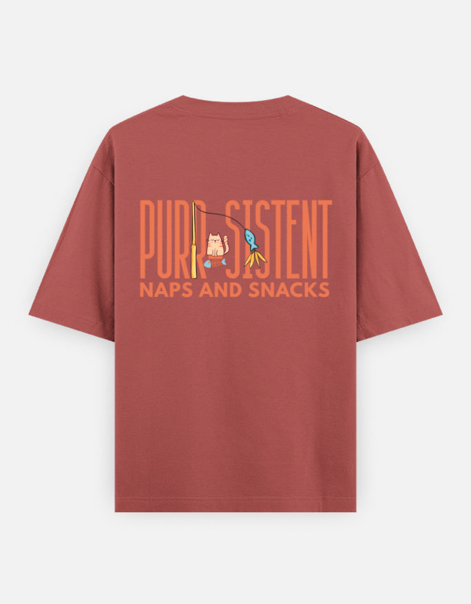 Purr-Sistent oversized t-shirt back design — Purr-Sistent — Naps and Snacks — Coral unisex cotton tee | StyleUp.Today