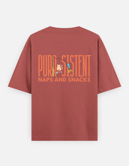 Purr-Sistent oversized t-shirt back design — Purr-Sistent — Naps and Snacks — Coral unisex cotton tee | StyleUp.Today