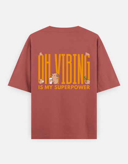 Capy-Zen-Bara oversized t-shirt back design — Oh Vibing Is My Superpower — Coral unisex cotton tee | StyleUp.Today