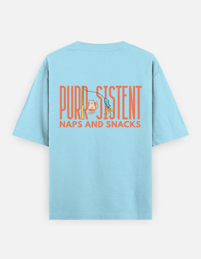 Purr-Sistent oversized t-shirt back design — Purr-Sistent — Naps and Snacks — Baby Blue unisex cotton tee | StyleUp.Today