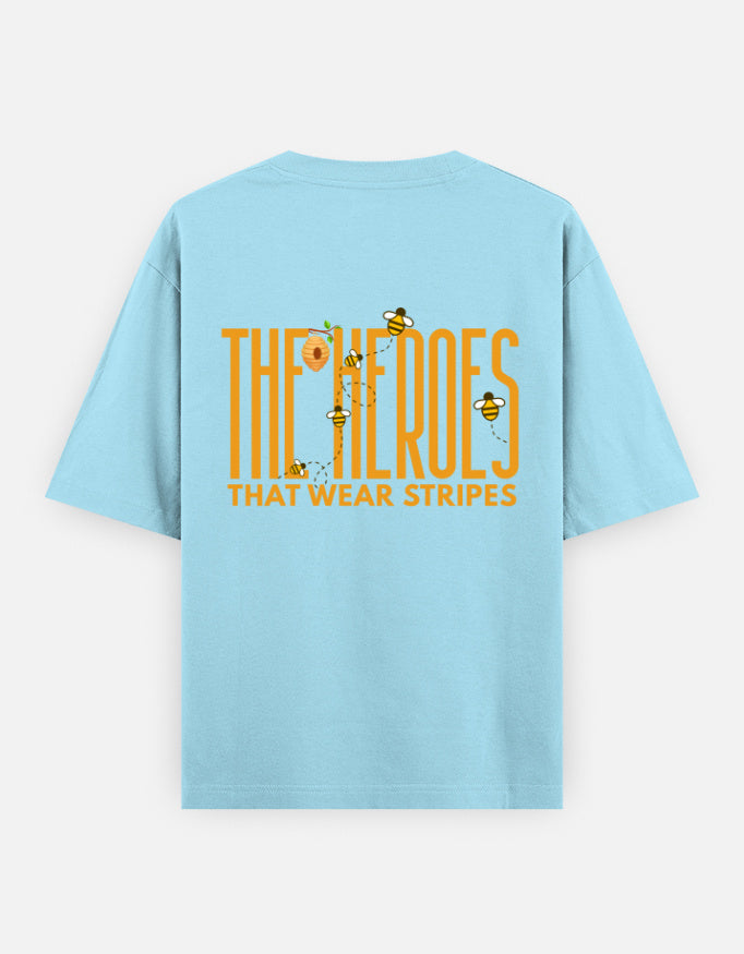 'Bee' A Hero oversized t-shirt back design — The Heroes That Wear Stripes — Baby Blue unisex cotton tee | StyleUp.Today
