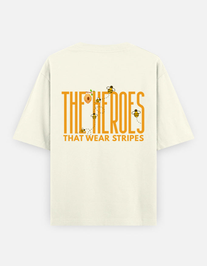 'Bee' A Hero oversized t-shirt back design — The Heroes That Wear Stripes — Off White unisex cotton tee | StyleUp.Today